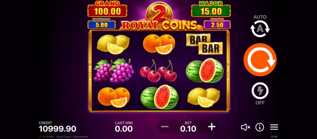 Royal Coins 2: klasszikus nyerőgép cseresznyével, BAR szimbólummal és Hold and Win bónusz játékkal.