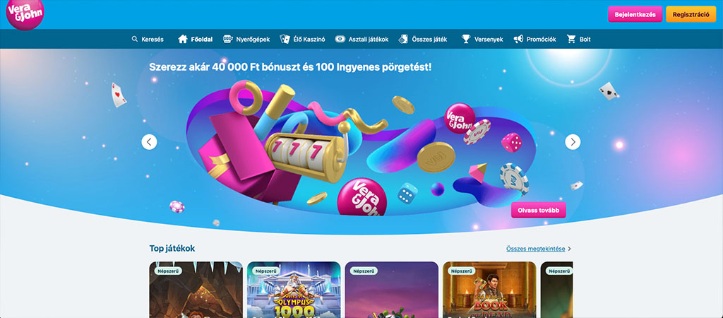 Online kaszinó bónusz Vera&John oldalán, 40 000 Ft + 100 FS, népszerű nyerőgépekkel és versenyekkel.