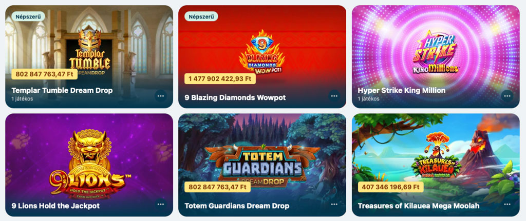 Vera&John Casino népszerű nyerőgépek: Dream Drop, Mega Moolah, Wowpot és King Millions jackpot játékok.