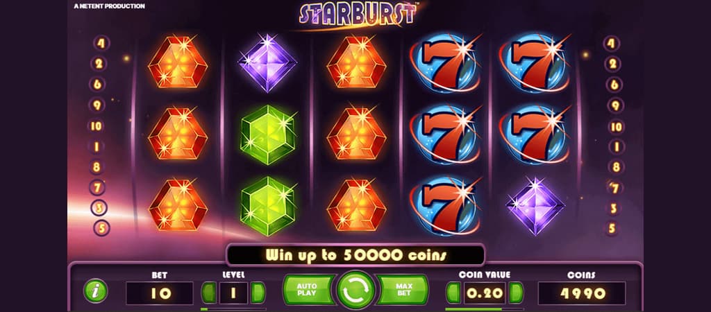 Starburst nyerőgép színes drágakövekkel és klasszikus 7-es szimbólumokkal, akár 50 000 érmés nyereménnyel.