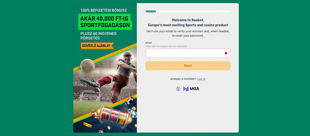 Boabet regisztráció: 40 000 Ft sportfogadás bónusz és 60 ingyenes pörgetés új játékosoknak, biztonságos MGA licenccel.