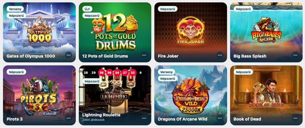 Boabet népszerű kaszinójátékok: Book of Dead, Gates of Olympus 1000, Fire Joker, Lightning Roulette, Big Bass Splash.