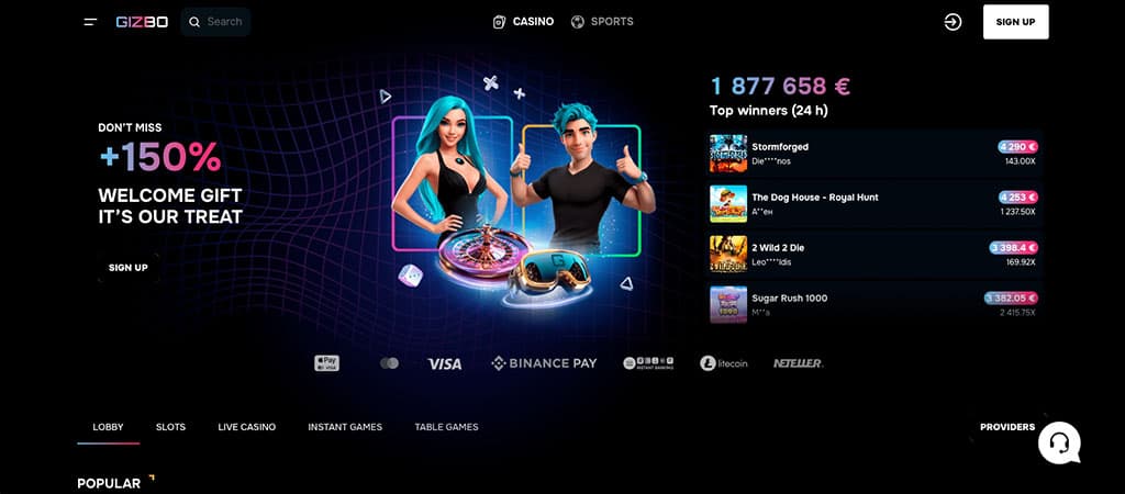 Gizbo Casino üdvözlő bónusz +150%, top nyeremények, népszerű játékok, fizetés Visa, kripto és e-pénztárcák révén.