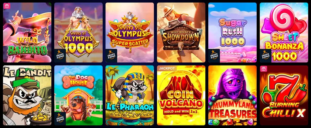 Gizbo Casino játékok: Wild Bandito, Gates of Olympus, Sugar Rush 1000, Coin Volcano, Sweet Bonanza, Burning Chilli X.