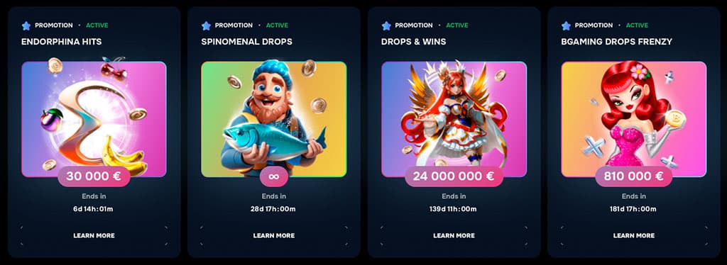 Gizbo Casino promóciók: Endorphina Hits, Spinomenal Drops, Drops & Wins, BGaming Drops Frenzy, több százezer eurós nyeremények.