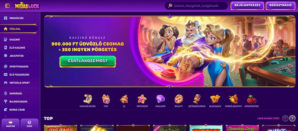 Midas Luck Casino főoldal: 900.000 Ft üdvözlő csomag és 350 ingyen pörgetés, online kaszinó játékok széles választéka.