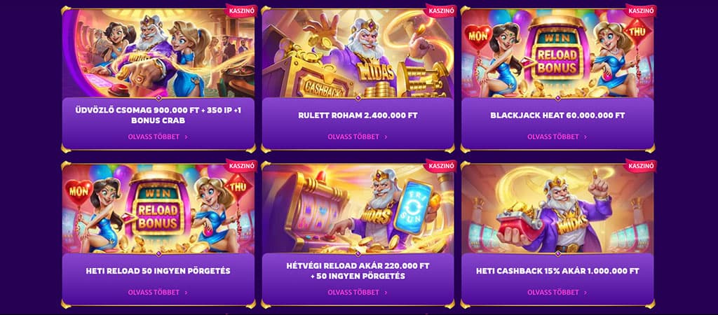 Midas Luck Casino promóciók: üdvözlő csomag, reload bónuszok, cashback, rulett roham és heti ingyen pörgetések.