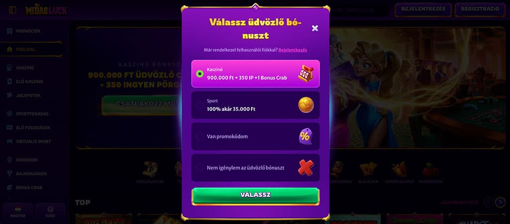 Midas Luck Casino regisztráció: választható üdvözlő bónusz kaszinóra vagy sportfogadásra, promókód megadás vagy bónusz nélkül.