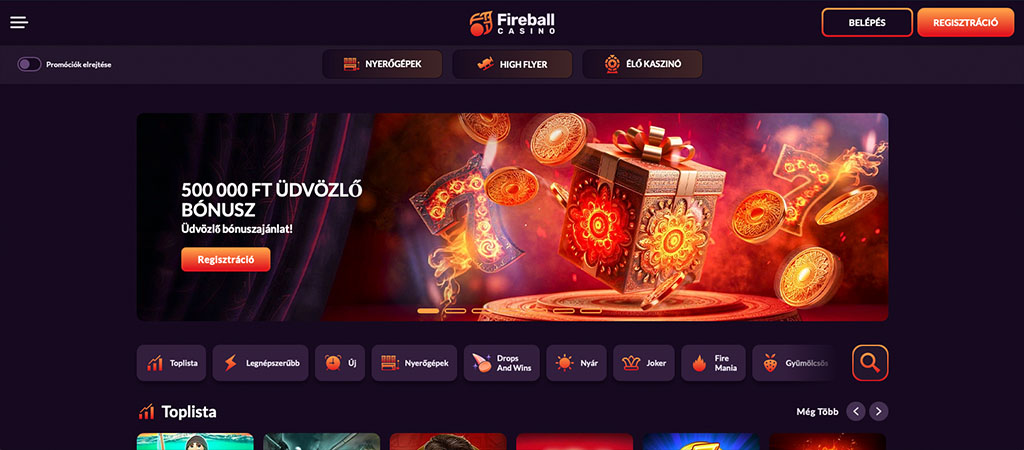 Fireball Casino 500 000 Ft üdvözlő bónusz tűzijáték, aranyérmék és ajándékdoboz látvánnyal.