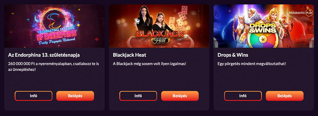 Fireball Casino promóciók: Endorphina 13. szülinapi 260 M Ft-alap, Blackjack Heat izgalom és Drops & Wins jackpot esély.