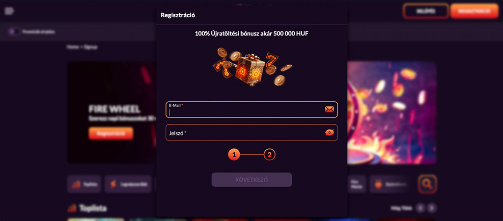 Fireball Casino regisztrációs ablak 100% újratöltési bónusszal akár 500 000 HUF, ajándékdobozból szálló aranyérmékkel.