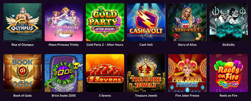 Tizenkét online nyerőgép ikon színes grafikákkal, köztük Rise of Olympus, Moon Princess Trinity és Reels on Fire.
