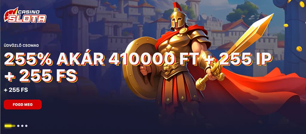 Slota Casino üdvözlő bónusz: 255% akár 410 000 Ft + 255 ingyenes pörgetés, arany páncélos harcos háttérrel.