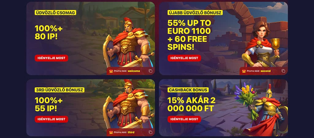 Slota Casino promóciók: üdvözlő bónuszok, ingyenes pörgetések és cashback ajánlatok harcos és hősnő grafikákkal.