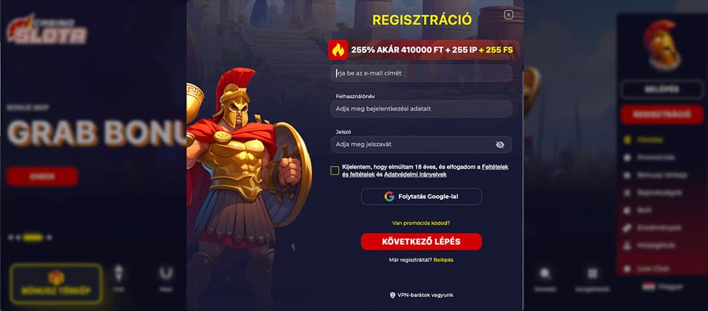 Slota Casino regisztrációs oldal: 255% üdvözlő bónusz, e-mail és jelszó mezőkkel, arany páncélos harcossal.