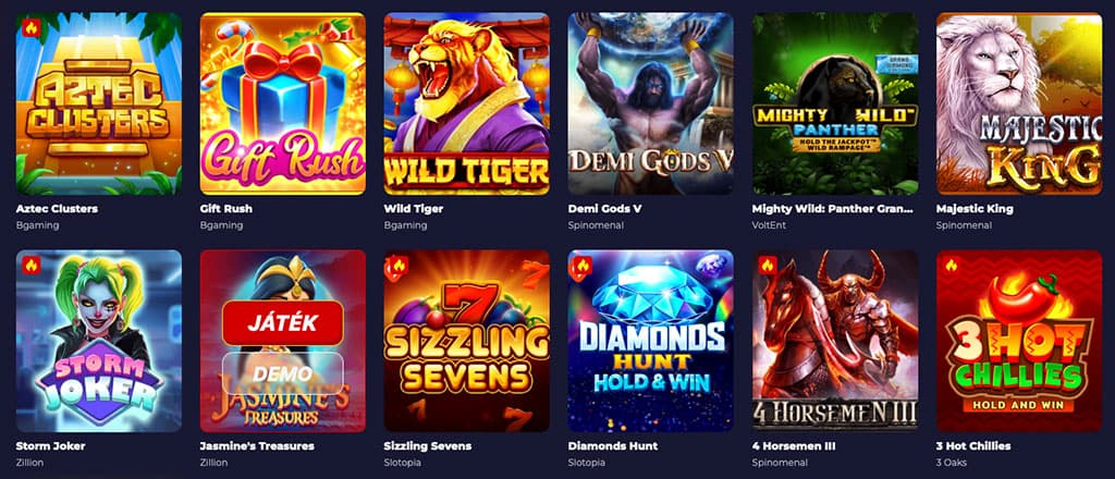 Slota Casino népszerű nyerőgépek: Aztec Clusters, Wild Tiger, Demi Gods V, Diamonds Hunt és további játékok színes ikonokkal.
