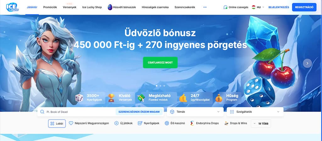 Az Ice Casino üdvözlő bónusza akár 450 000 Ft és 270 ingyenes pörgetés új játékosoknak, látványos jégvilág témában.