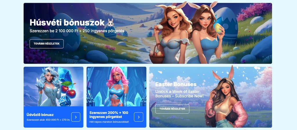 Húsvéti témájú Ice Casino promóciós oldal nyuszifüles nőkkel és bónuszajánlatokkal.