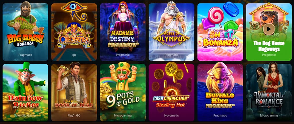 Népszerű nyerőgépek a Kingdom Casinóban, mint a Big Bass Bonanza, Gates of Olympus és Book of Dead.