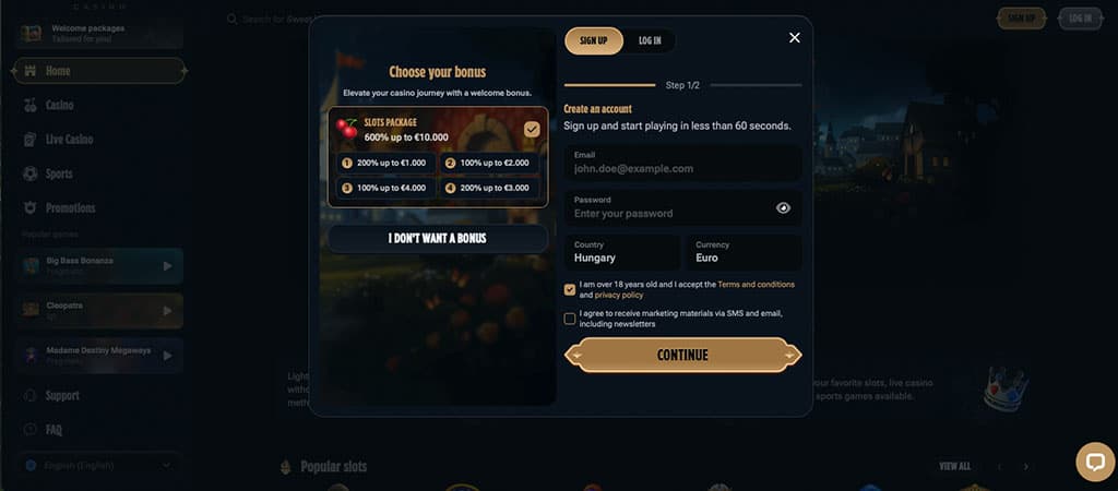 A Kingdom Casino regisztrációs felülete választható bónuszcsomagokkal és gyors számlanyitási lehetőséggel.