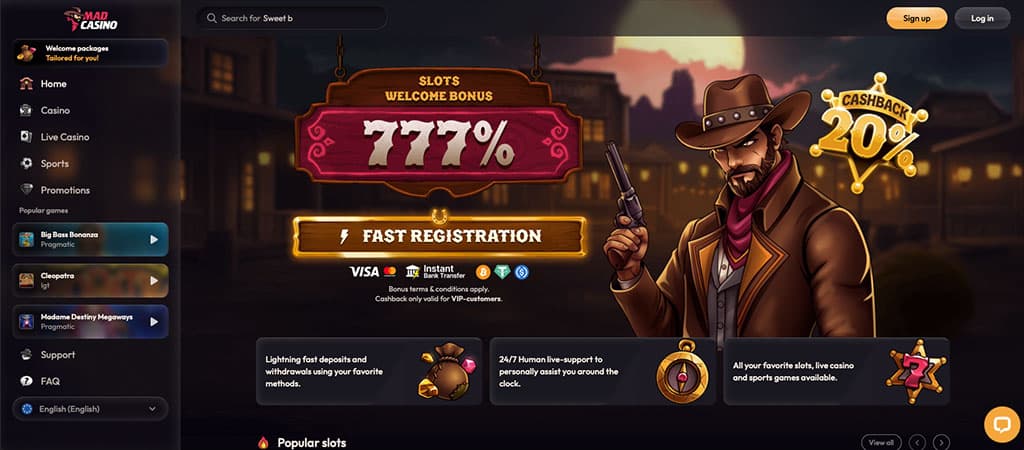 A Mad Casino főoldala 777%-os üdvözlő bónusszal, 20% cashback ajánlattal és vadnyugati tematikával.