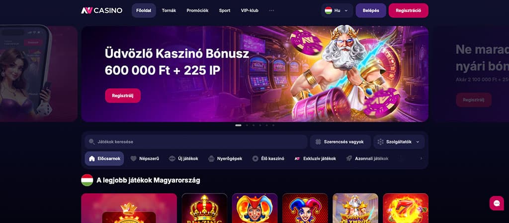 NV Casino online felület, magyar nyelvű üdvözlő bónusszal és játékválasztási lehetőségekkel.