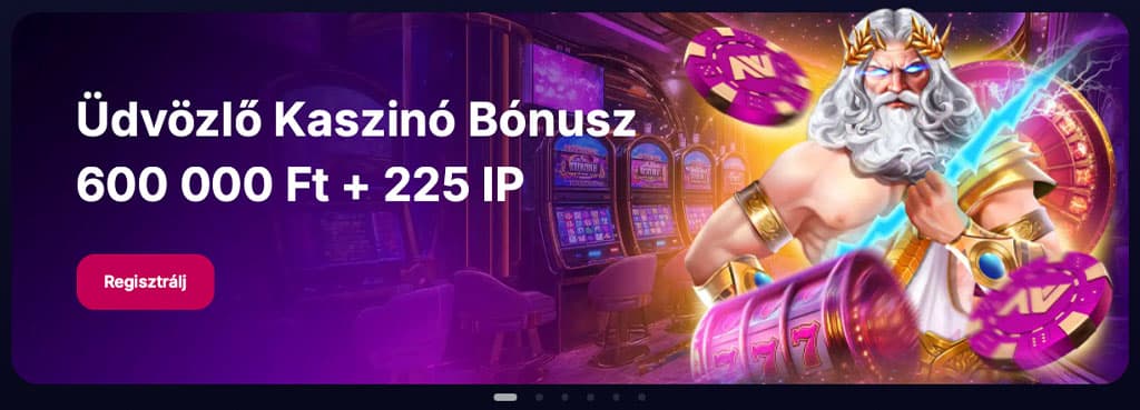 NV Casino promóciós banner, 600 000 Ft és 225 ingyen pörgetéssel, slot gépekkel és mitológiai stílusú figurával.