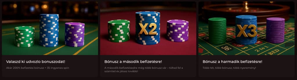 Zseton tornyok bónusz szintekkel, X2 és X3 jelöléssel, első, második és harmadik befizetéshez kapcsolódó ajánlatokkal.