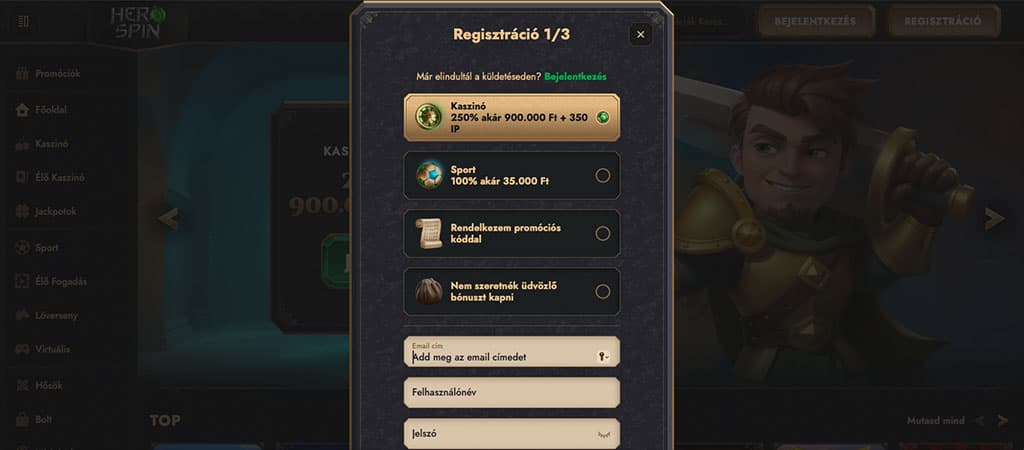 HeroSpin Casino regisztrációs oldal, kaszinó és sport bónusz választás, promóciós kód mező és felhasználói adatok megadása.