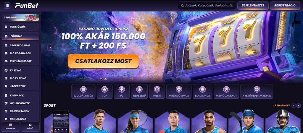 FunBet Casino főoldal, üdvözlő bónusz 100% akár 150.000 Ft és 200 ingyen pörgetés, nyerőgép grafika, sport és kaszinó menü.