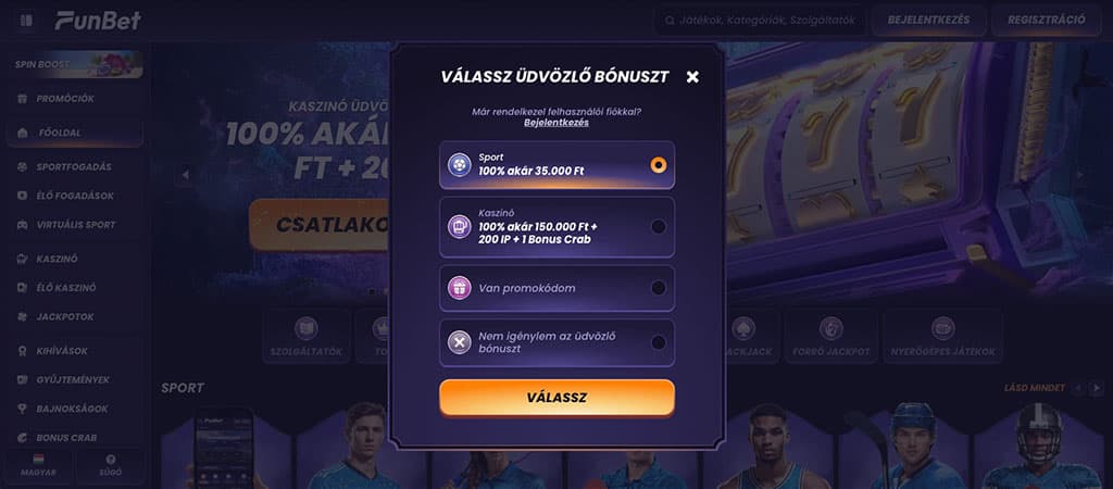 FunBet Casino üdvözlő bónusz választás, sport és kaszinó opciókkal, promóciós kód mezővel és bónusz nélküli lehetőséggel.