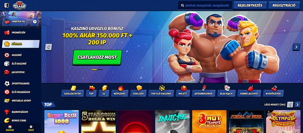 Big Clash online kaszinó főoldal: 100% üdvözlő bónusz 150 000 Ft-ig + 200 ingyen pörgetés, rajzolt bokszolókkal.