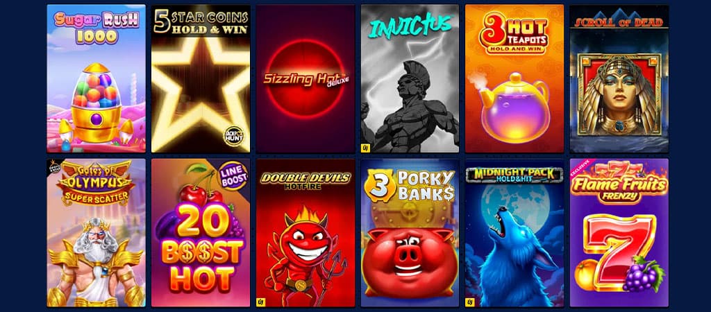 Big Clash kaszinó nyerőgépek: Sugar Rush, 5 Star Coins, Sizzling Hot, Invictus, 3 Hot Teapots, Scroll of Dead és más játékok.