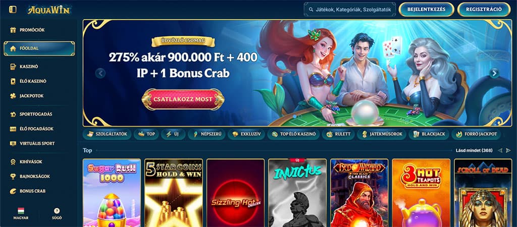 Az AquaWin online kaszinó kezdőoldala üdvözlő bónusszal, nyerőgépekkel, rulettel és blackjack játékokkal.