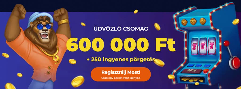 Nine casino üdvözlő csomag hirdetésefigurával, nyerőgéppel és 600 000 Ft bónusz + 250 ingyenes pörgetés ajánlattal.