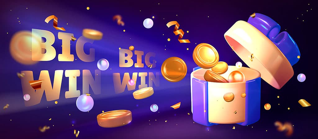 Aranyérmékkel teli ajándékdoboz és konfetti szóródik lila háttéren, mellette nagy betűkkel a Big Win felirat látható.