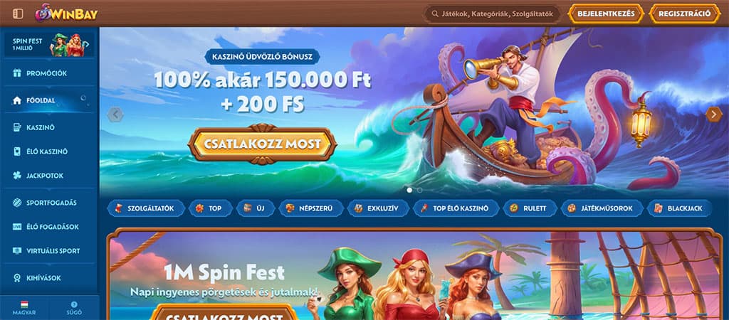 WinBay online kaszinó főoldal, kalózos grafikával, tengeri hajóval, polippal, 150 000 Ft + 200 ingyenes pörgetéssel.