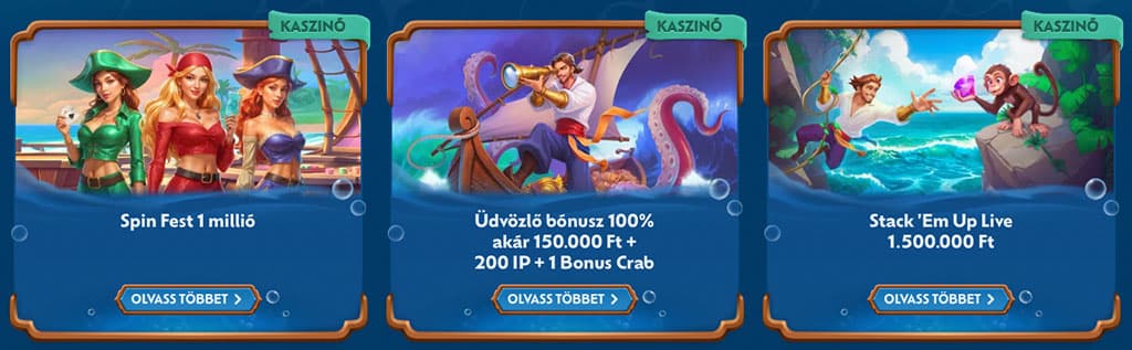 A Winbay Casino bónuszai: Spin Fest, Üdvözlő bónusz 150.000 Ft + 200 IP és Stack'Em Up Live, kalóz témájú karakterekkel.