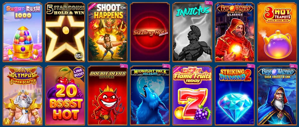 Népszerű kaszinó nyerőgépek, mint a Sugar Rush, Sizzling Hot Deluxe, Invictus, Red Wizard, Double Devils és Midnight Pack.