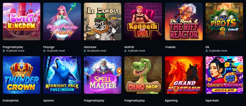 Snatch kaszinó online nyerőgépei, melyek között fantasy, állatos és anime témájú játékok láthatók.