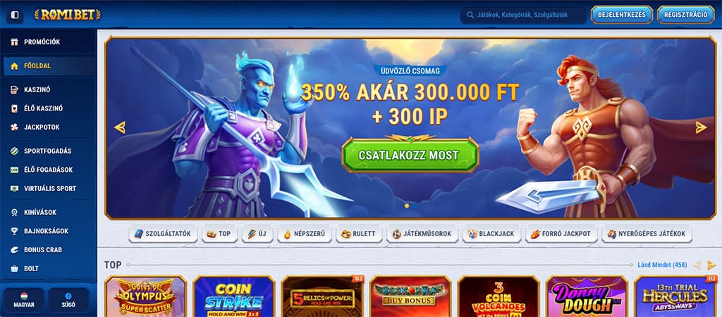 Két fantasy figura, egy jég és egy tűzkarakter a főoldalon, akciójelenetben, üdvözlő bónusz ajánlatattal középen.