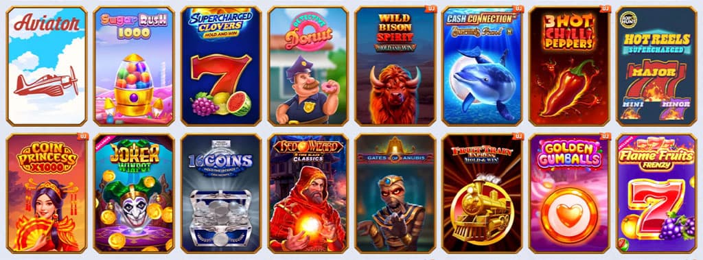 Változatos online nyerőgépes játékok borítóképei, köztük repülős, gyümölcsös, tengeri, fantasy és egyiptomi témájú slotok.