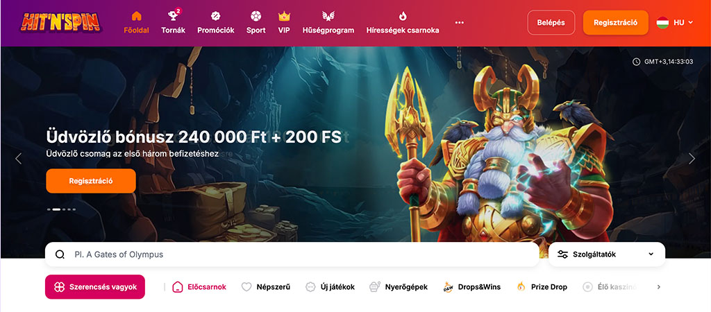 Hit 'N' Spin online kaszinó kezdőlapja, ahol egy nagy szakállú, viking stílusú karakter látható, kezében arany bárddal.