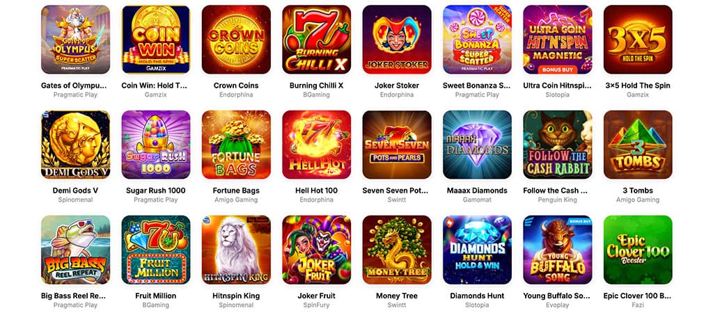 Online nyerőgépek a Hitnspin ajánlatában, melyek közt istenek, gyümölcsök, sivatagi és fantasy témák is láthatók.