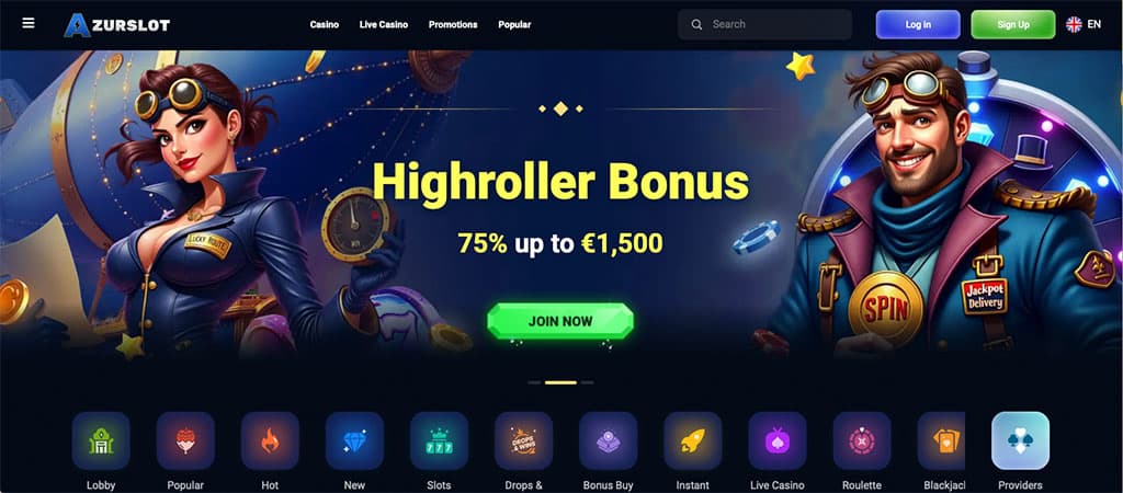Férfi és nő, steampunk stílusú pilóták, az Azurslot kaszinó honlapján a Highroller Bonus hirdetésén.