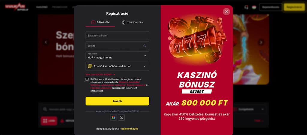 A Vulkan Spiele regisztrációs felülete, ahol a látogató megadhatja adatait és választhatja az üdvözlő kaszinó bónuszt.
