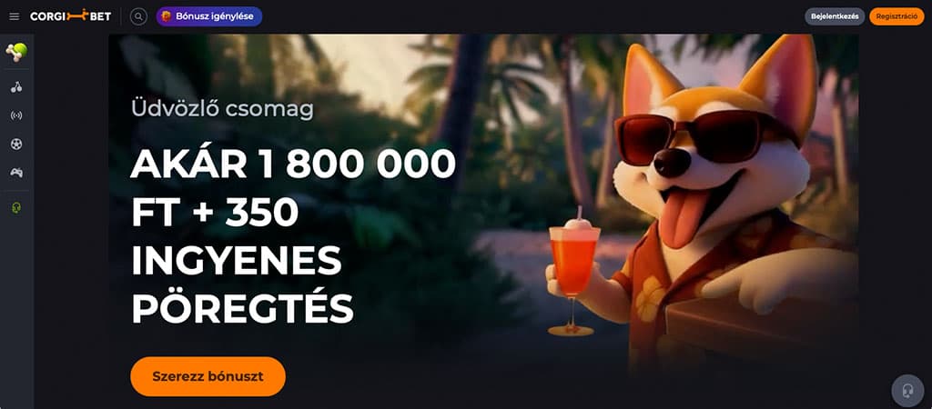 A CorgiBet casino főoldalán egy corgi kutya napszemüvegben és koktéllal a kezében, mellette az üdvözlő bónusz ajánlat.