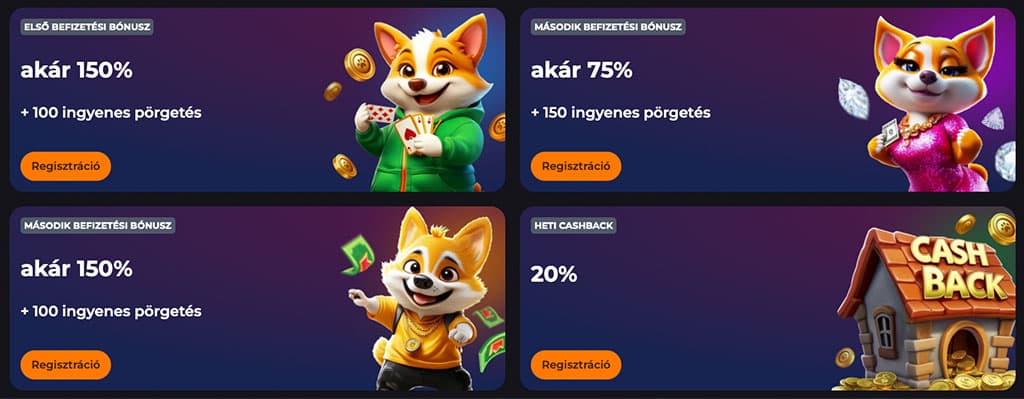 CorgiBet Casino promóciói, többek között befizetési bónuszok, ingyenes pörgetések és heti cashback.