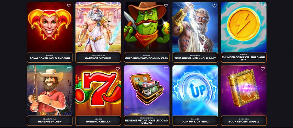 A CorgiBet kaszinó nyerőgépes játékai, mint például a Royal Joker, Gates of Olympus, Zeus Unchained és Big Bass Splash.