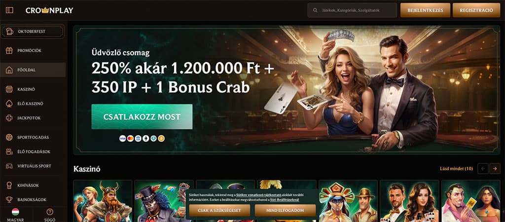 A Crownplay online casino főoldalán egy nyerő bónuszajánlat és menüsor látható kaszinó játékokkal.